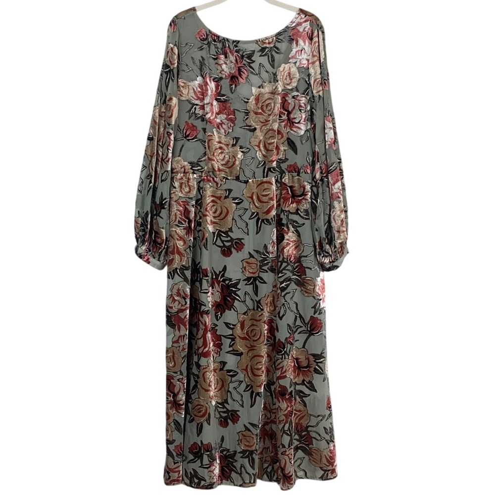 SOFT SURROUNDINGS Burnout Velvet Floral Midi Dress Sz L Sage Green Gold Rose